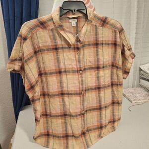 3/$15‎ LL Bean 1X Orange and Navy Plaid Short Sleeved Button Down Shirt